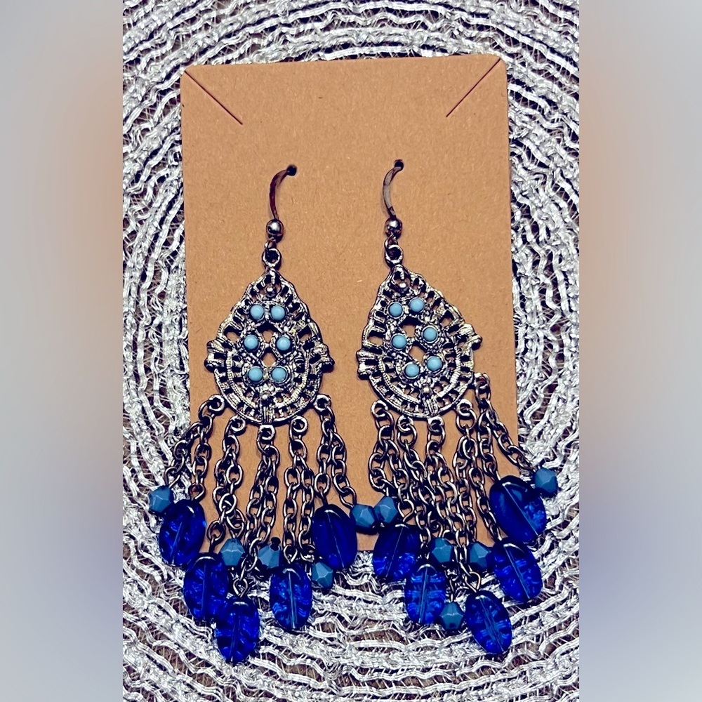 Blue and Silver Chandelier Earrings with Intricate Design